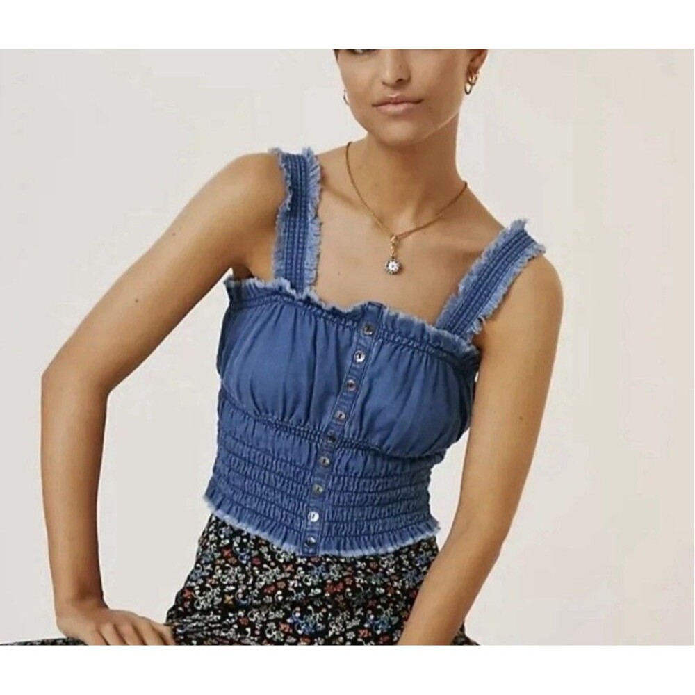 PILCRO Anthropologie Ruched Denim Tank Top M Blue Boho Peasant Cottage Smocked